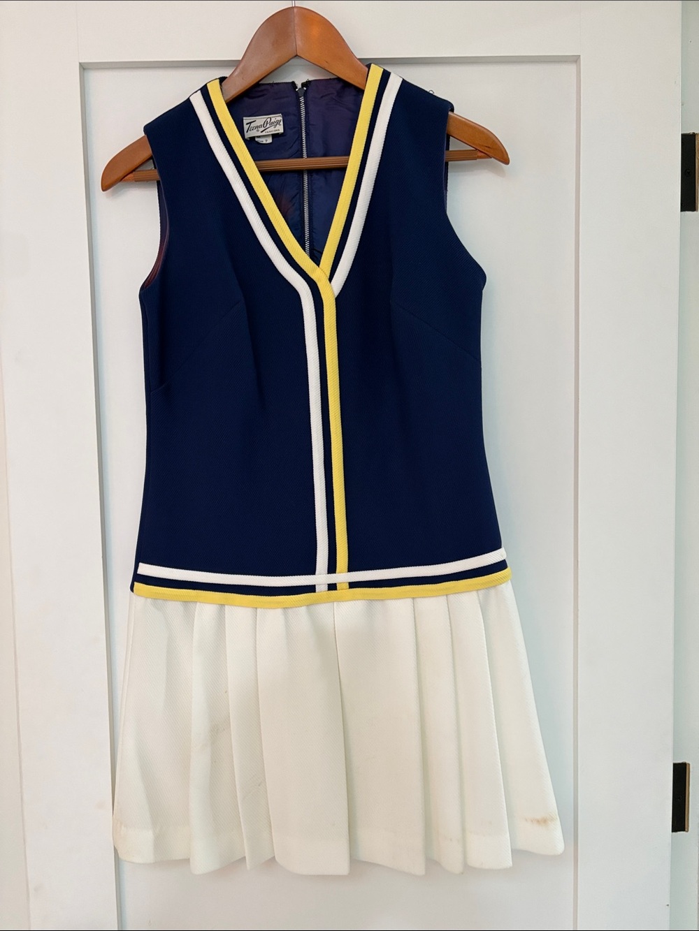Trina Turk Navy and White Sleeveless V-Neck Tennis Dress with Yellow Trim